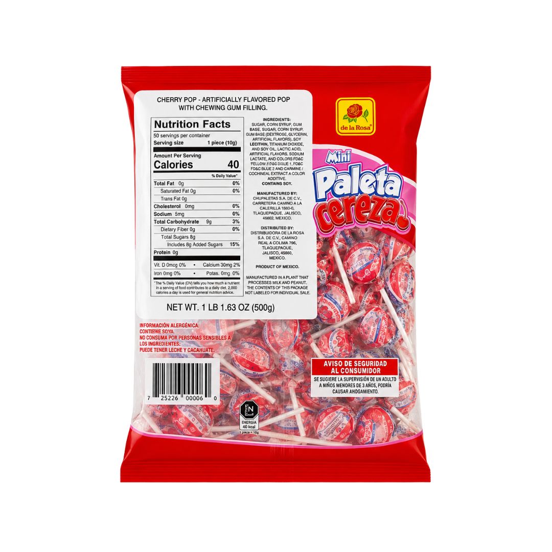 De la Rosa Paleta Mini Jumbo Cereza con Chicle – 50 ct