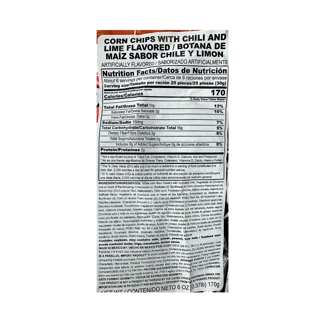 Fritos Chili & Lime Corn Chips – 6 oz (Sabritas Mexico)